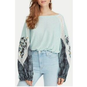 Free People Casual Clash Floral Patchwork Crochet Balloon Sleeve Thermal Top